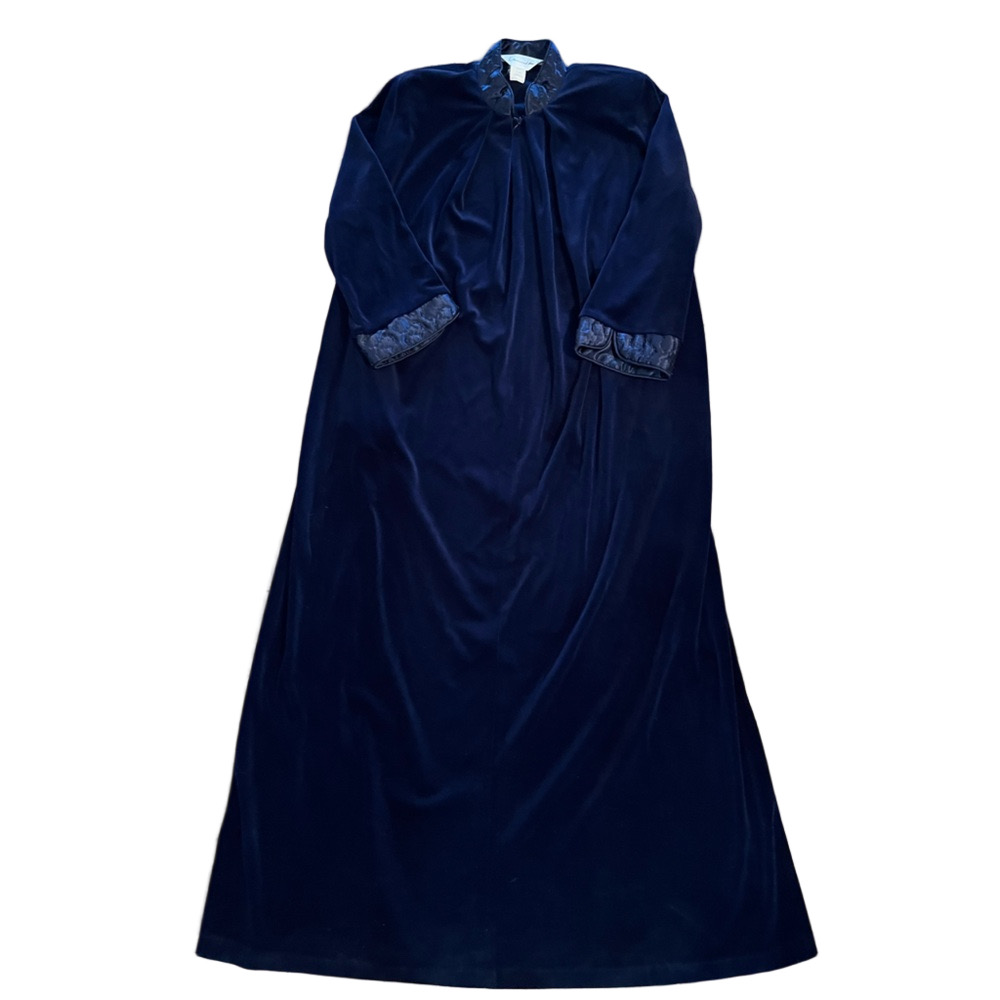 Vtg Diamond Tea Velvet 3/4 Zip Robe House Coat Saphire Blue Quilted Detail Small